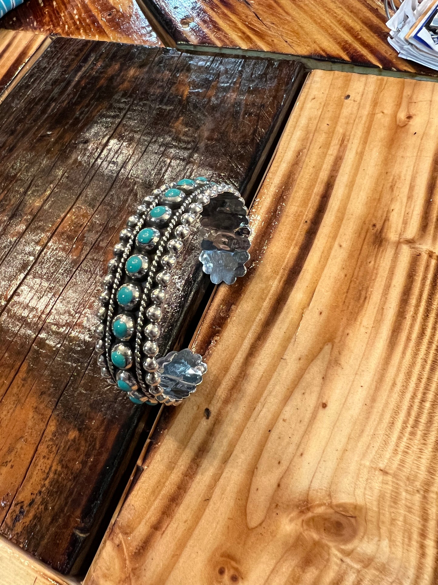 Inlaid turquoise sterling silver beaded cuff bracelet