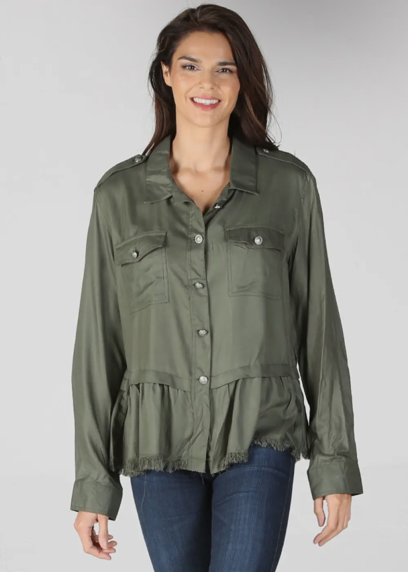 Nostalgia Women's Washed Light Button Up Jacket Ruffle