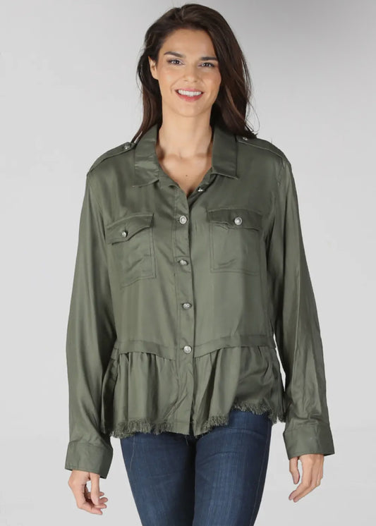 Nostalgia Women's Washed Light Button Up Jacket Ruffle