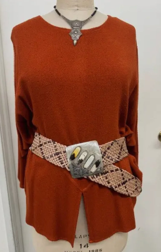 Tan and Brown Leather Belt with inset Bone