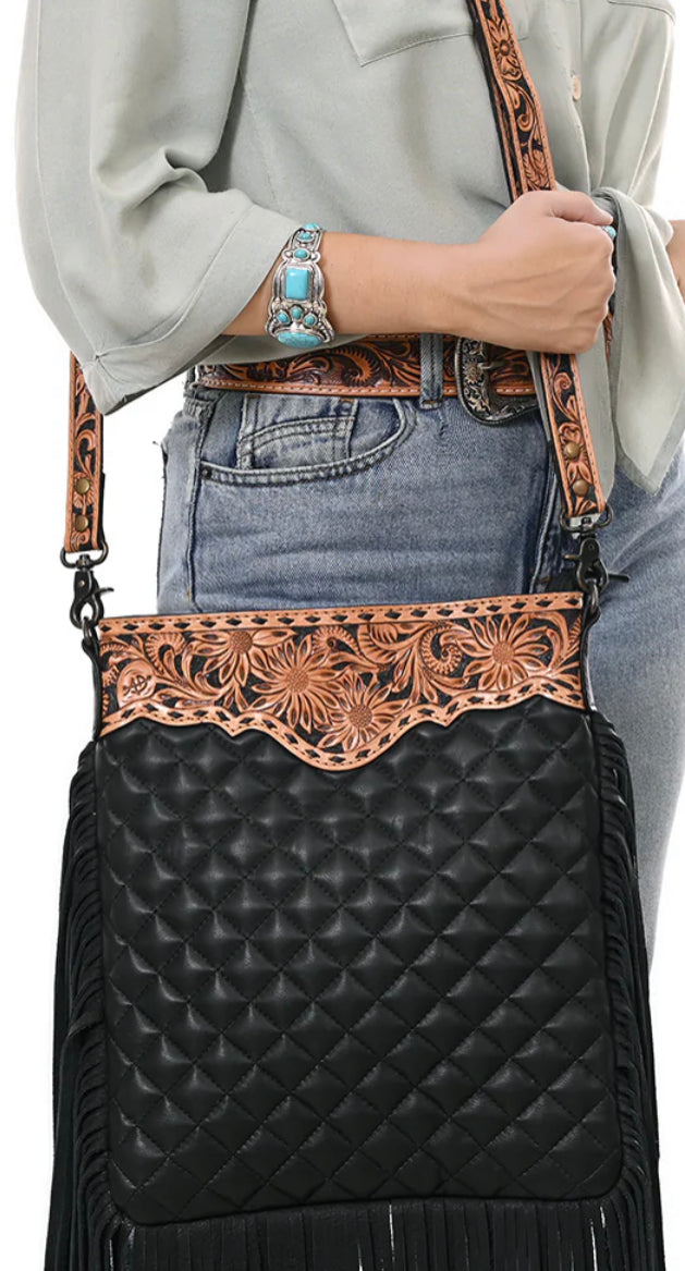 American Darling - Black Quilted Crossbody Bucket Hand Tooled Genuine Western Leather Women Bag