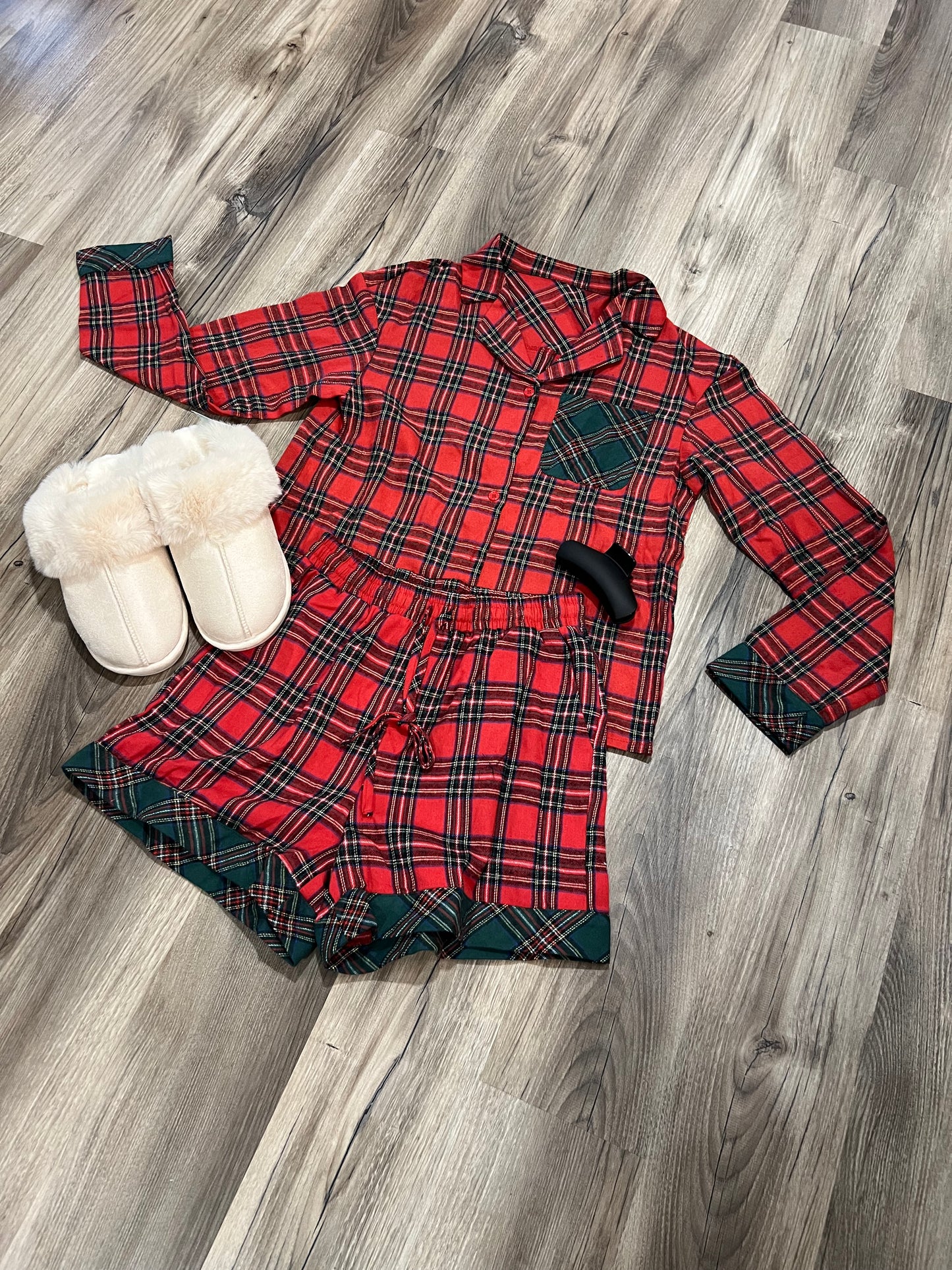 Red Plaid Christmas Long Sleeve Shirt and Shorts 2pcs Flannel Pajama Set