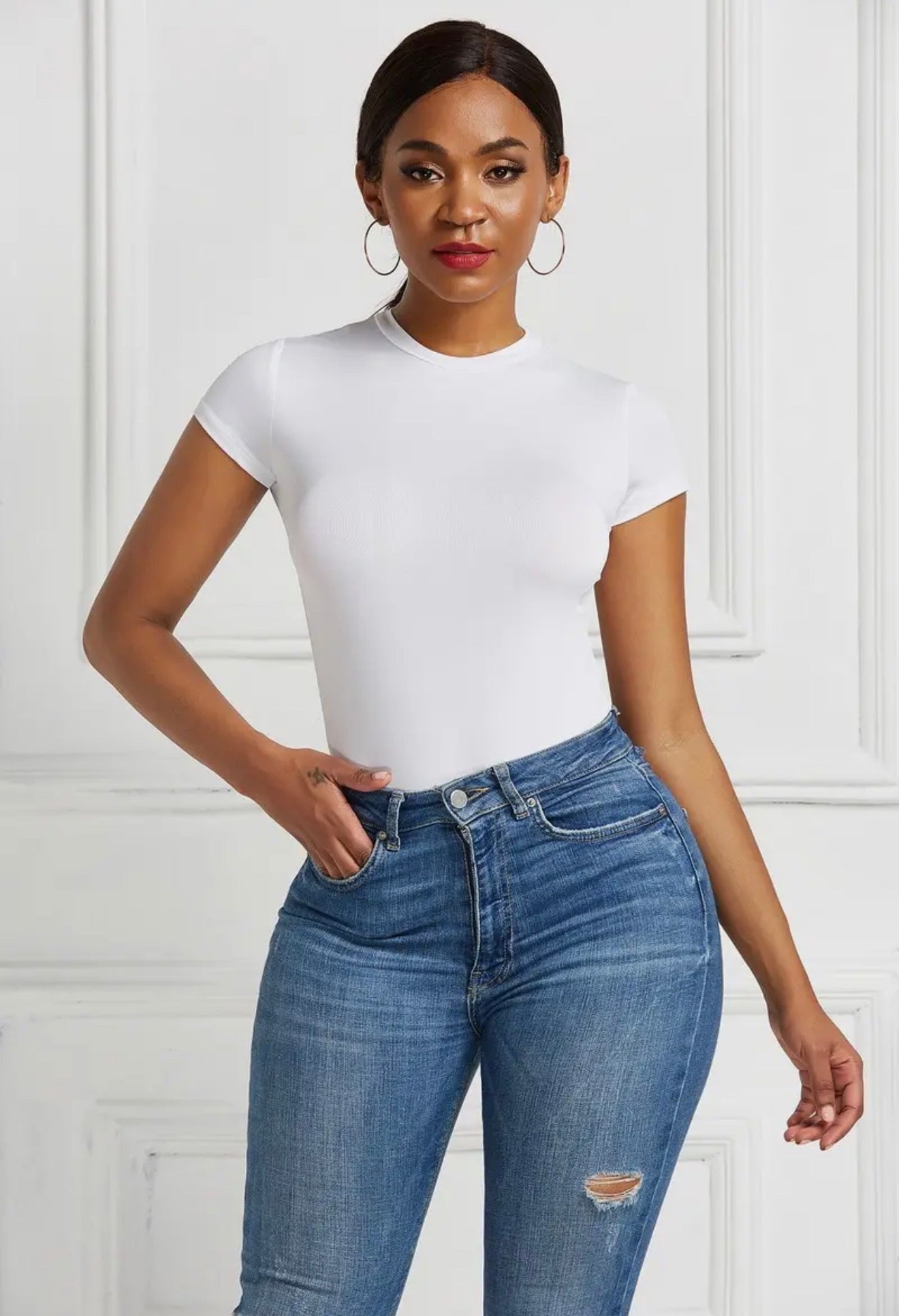 Solid Color Round Neck Short Sleeve Bodysuit