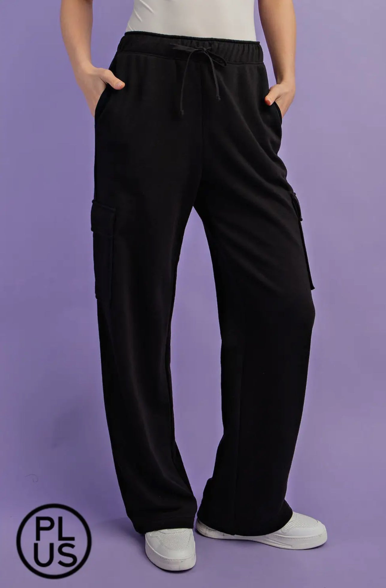 Rae Mode Black Plus Size French Terry Straight Cargo Sweatpant