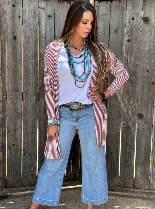 TEXAS TRUE THREADS
Mauve Striped Mid-Length Cardigan