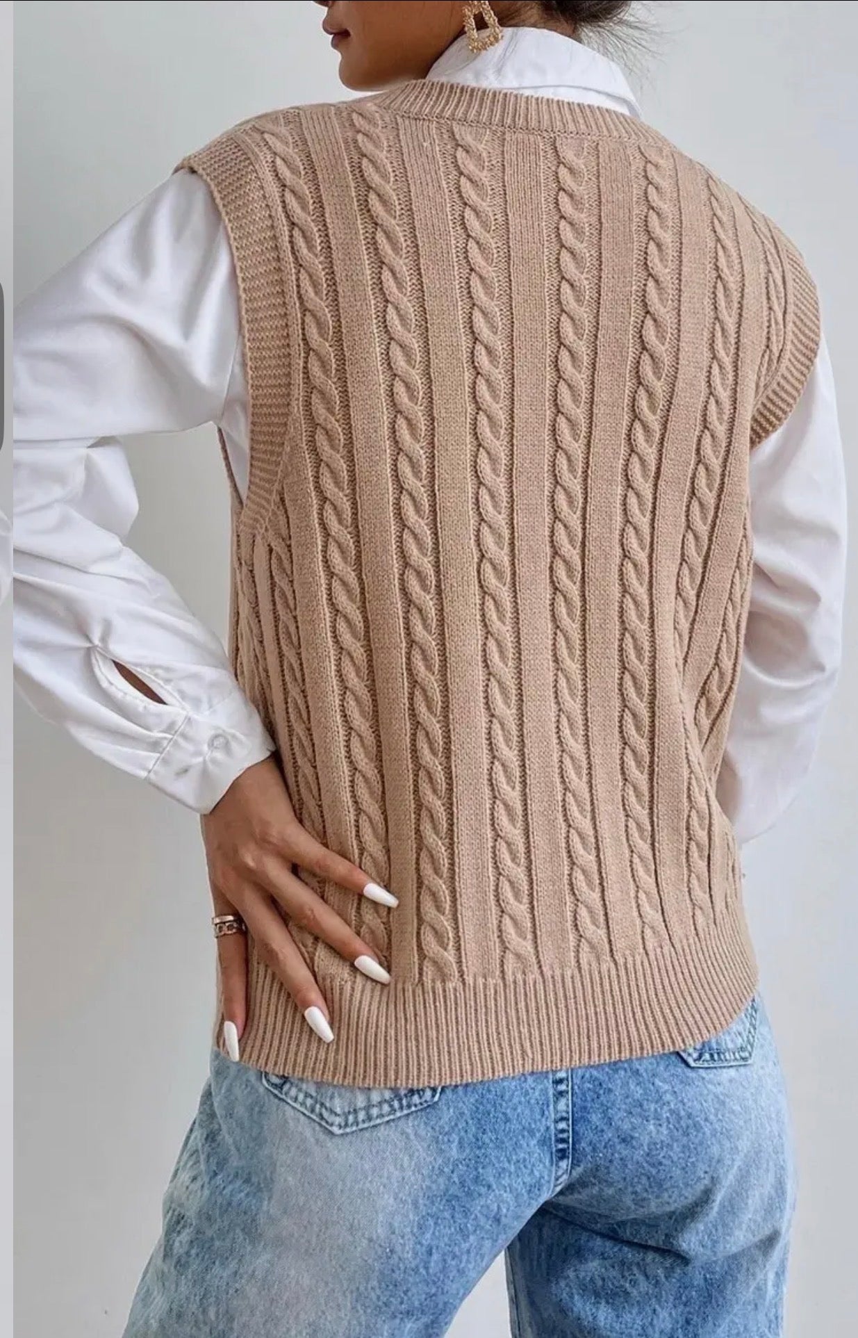 V-NECK Solid Color Cable Knit Sweater Vest