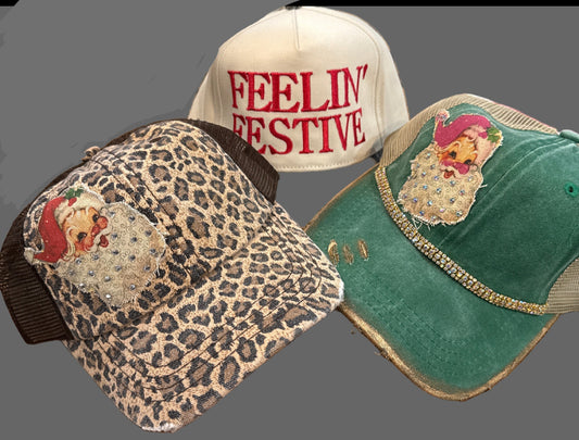 Christmas Cap - Santa Rhinestones Favorite and Feeling Festive Trucker