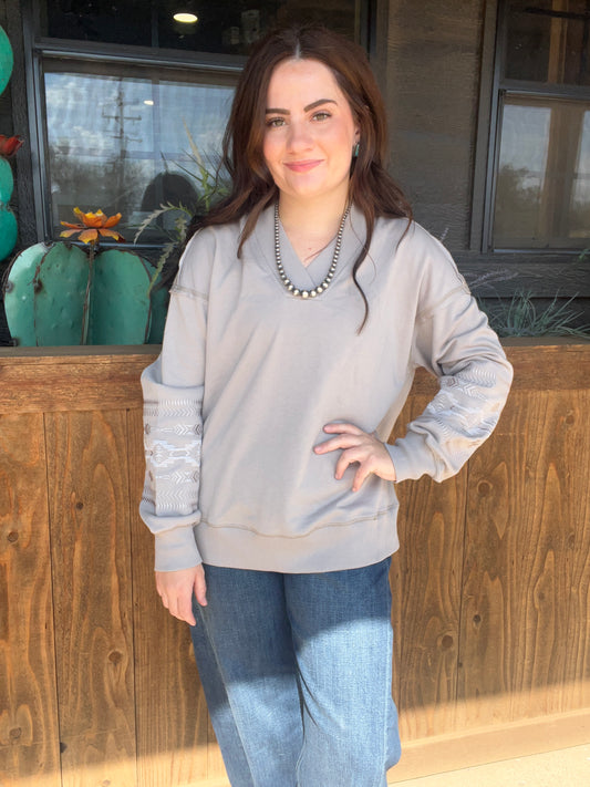 Parchment Aztec Embroidered Western V Neck Sweatshirt Cutout Crewneckk