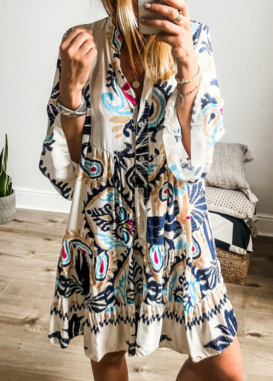 Printed Tribal Bracelet Sleeve Buttoned Mini Dress