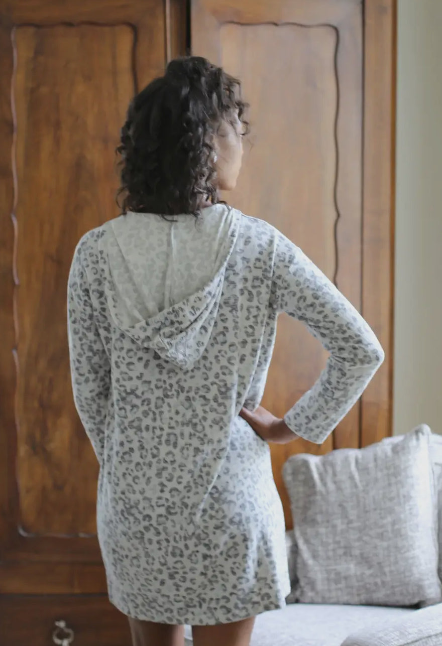 Brushed Hacci Hooded Soft Pajama Lounge Gown Taupe and Leooard