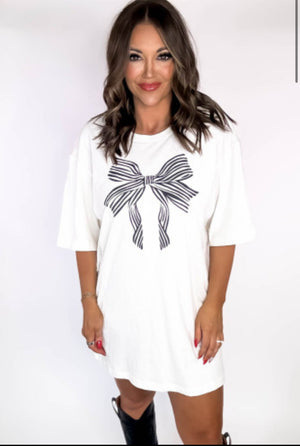 White Striped Bow Knot Half Sleeve Tunic T Shirt