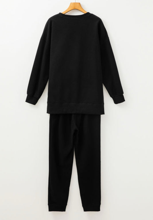 Plus Size - Black Solid Color High Low Pullover and Skinny Pants Set