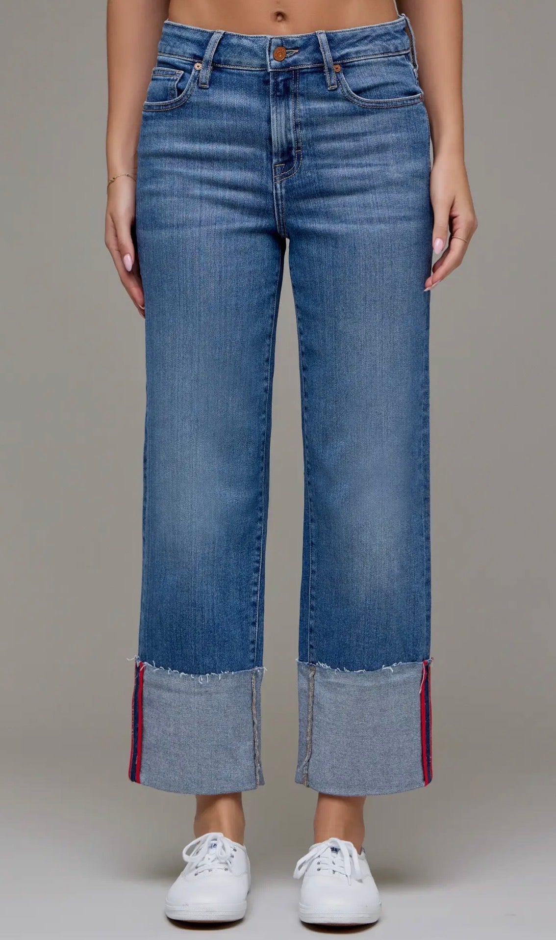 Hidden Jeans Medium Wash High Rise Cuffed Red Tape Cropped Classic Straight