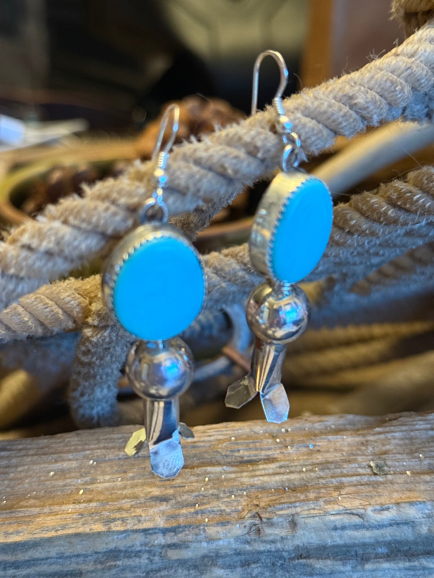 Tia Long Navajo Sterling Silver Kingman Turquoise Handmade Blossom Earrings marked