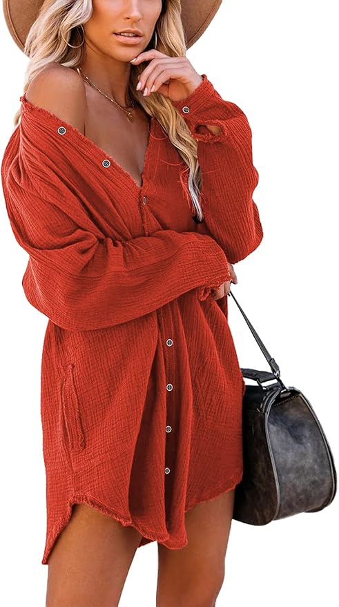 Women's Long Sleeve Beach Cover-ups Button Down Oversized Tunic Dress Shirt Boho Dresses with Pockets