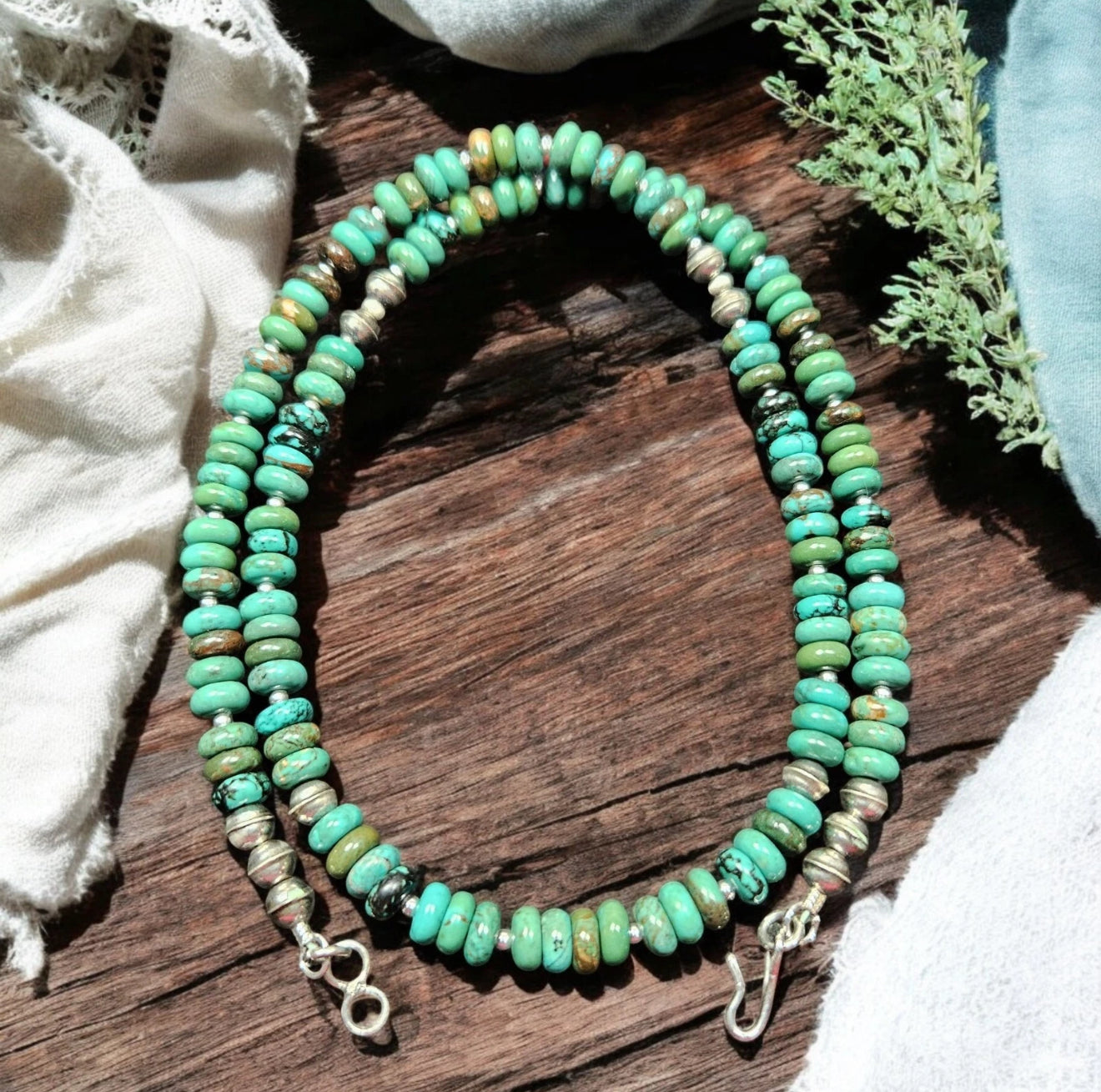 Sterling NAVAJO Pearl Hubei Turquoise Native Bench Beads Necklace VTG Silver 20"