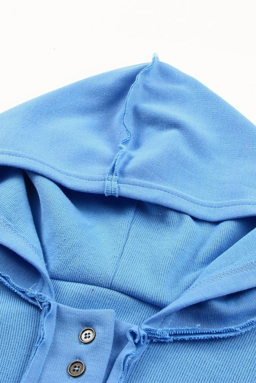 Sky Blue Casual Button Solid Patchwork Trim Hoodie