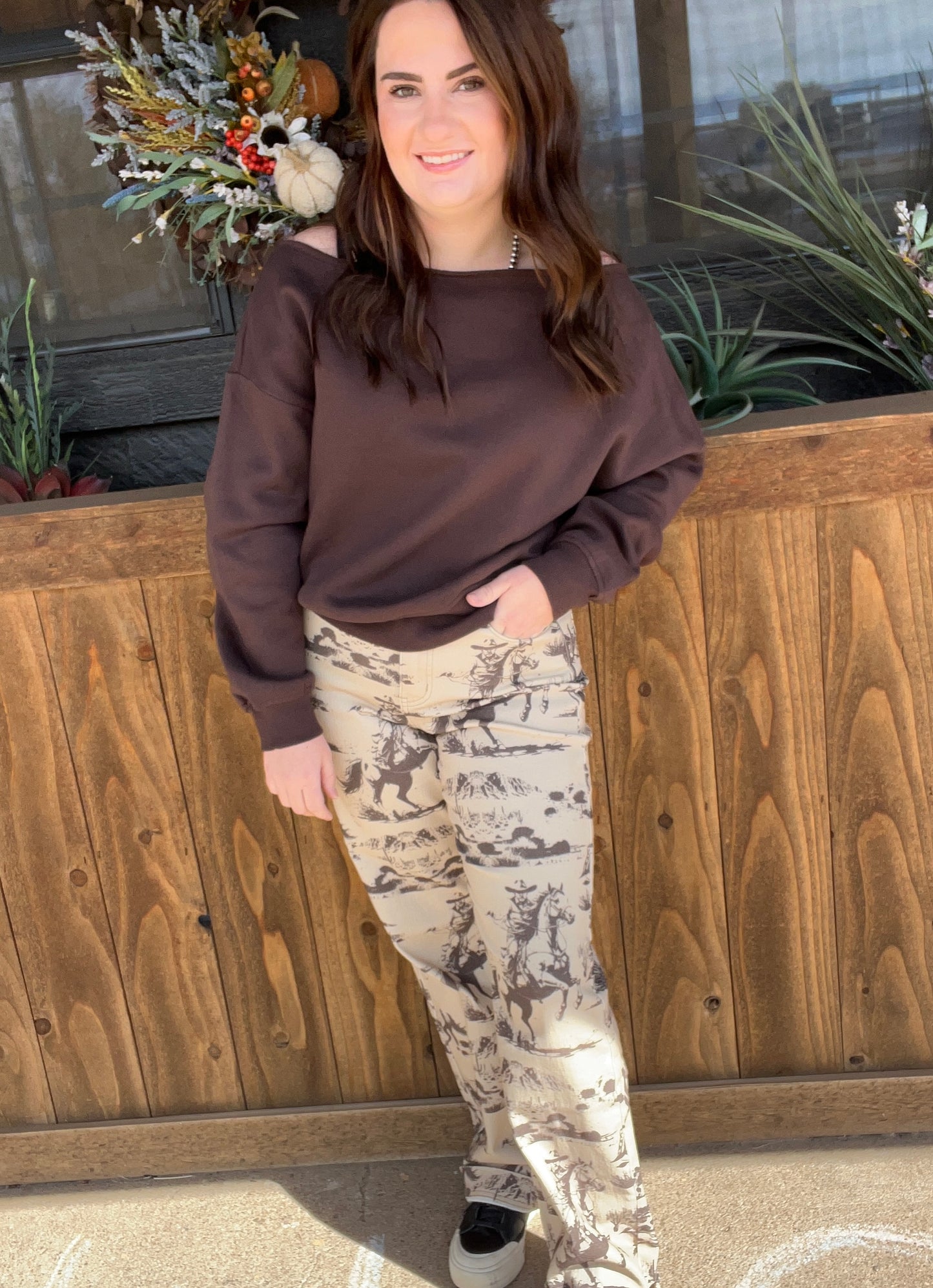 Beige Cowboy Print Jeans