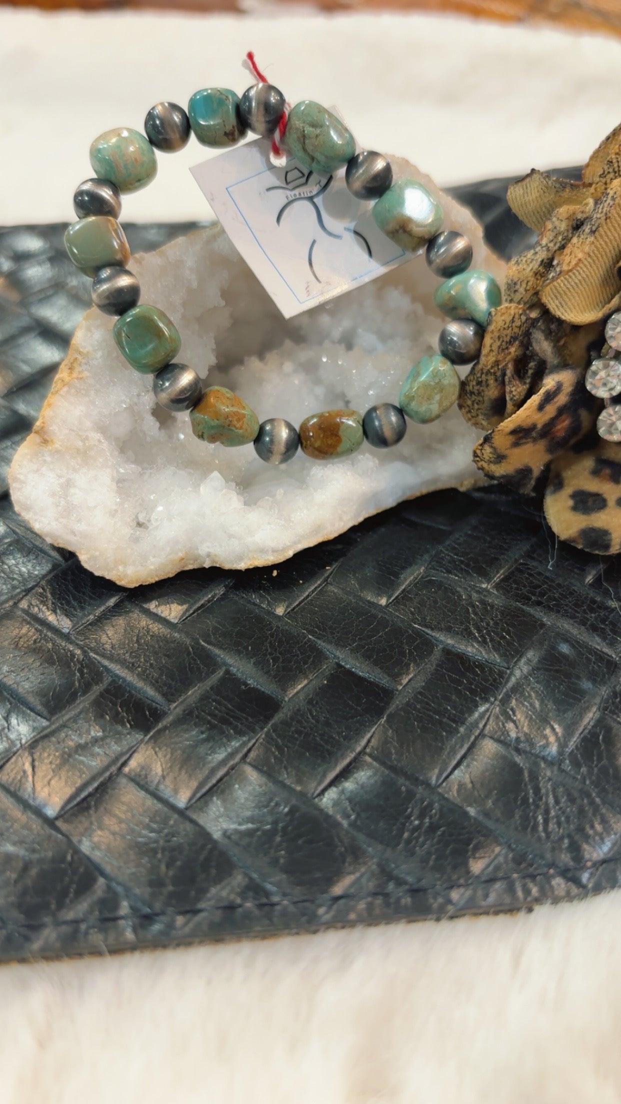 7mm 7.5” Sterling Silver HandStrung KingmanTurquoise Bead Stretch Bracelet