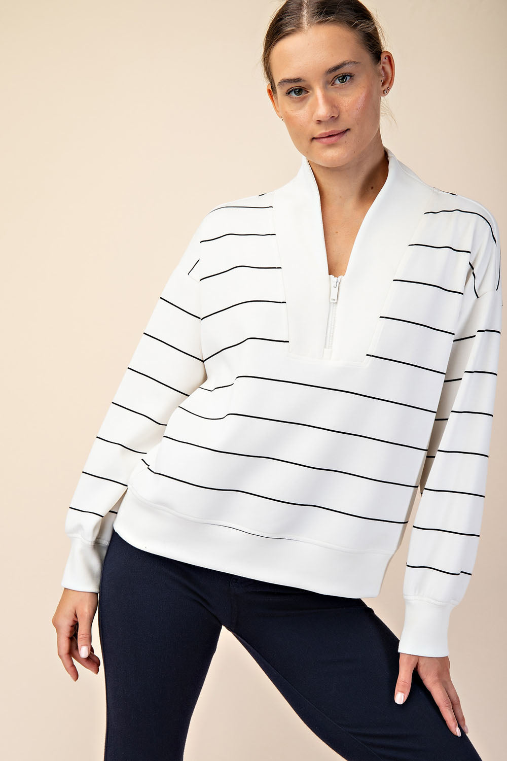 MODAL POLY SPAN SCUBA STRIPE V-NECK JACKET