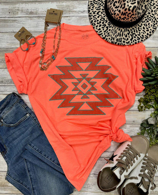 Texas True Coral Aztec Puff Tee