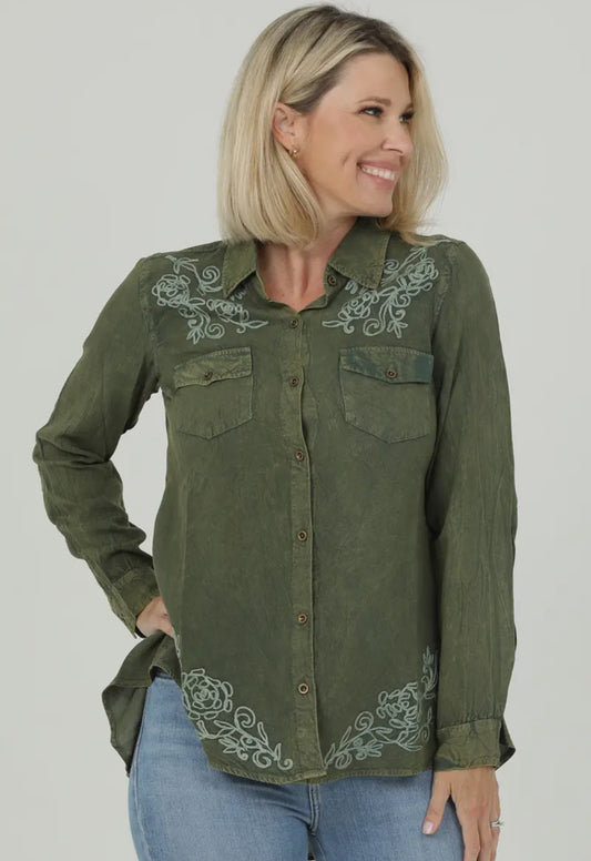 Nostalgia Women's Embroidered Button Front Hi Lo Hem Shirt