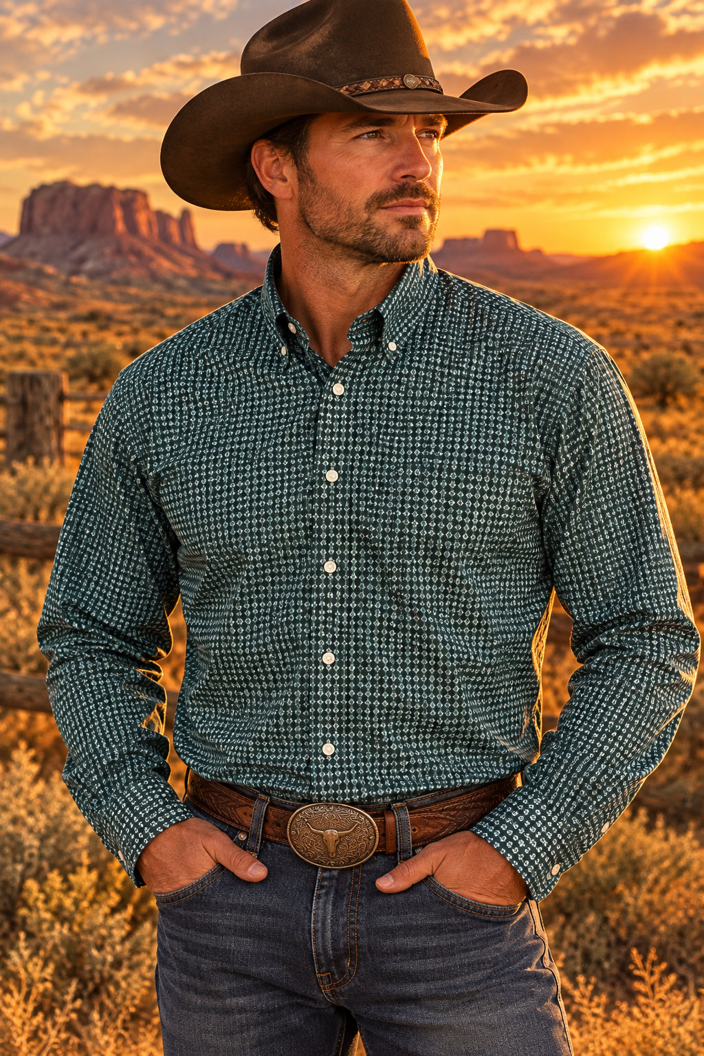 Men’s Blue  Long Sleeve Cowboy Western Button Down Shirt