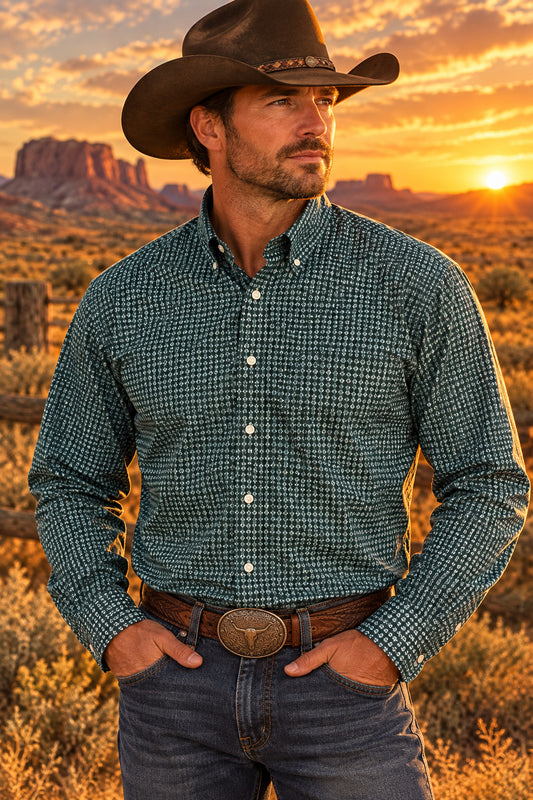 Men’s Blue Long Sleeve Cowboy Western Button Down Shirt