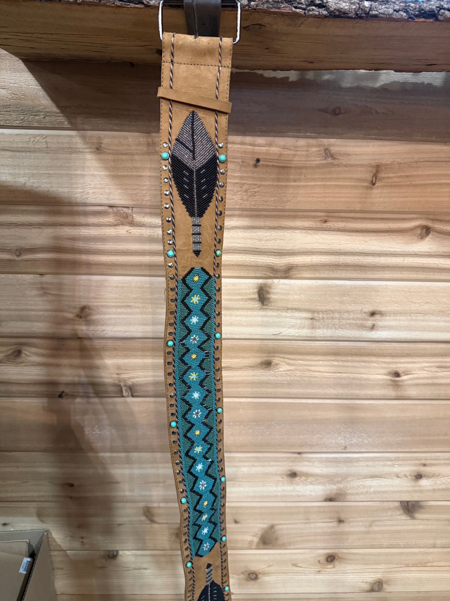 Tasha Polizzi Leather Hand Beaded Feather Turquose  Belt w/ Brads and Turquoise