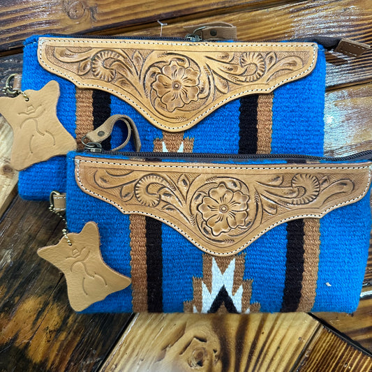 Floatin T! Turq Saddle Blanket Clutch with Tooled Leather