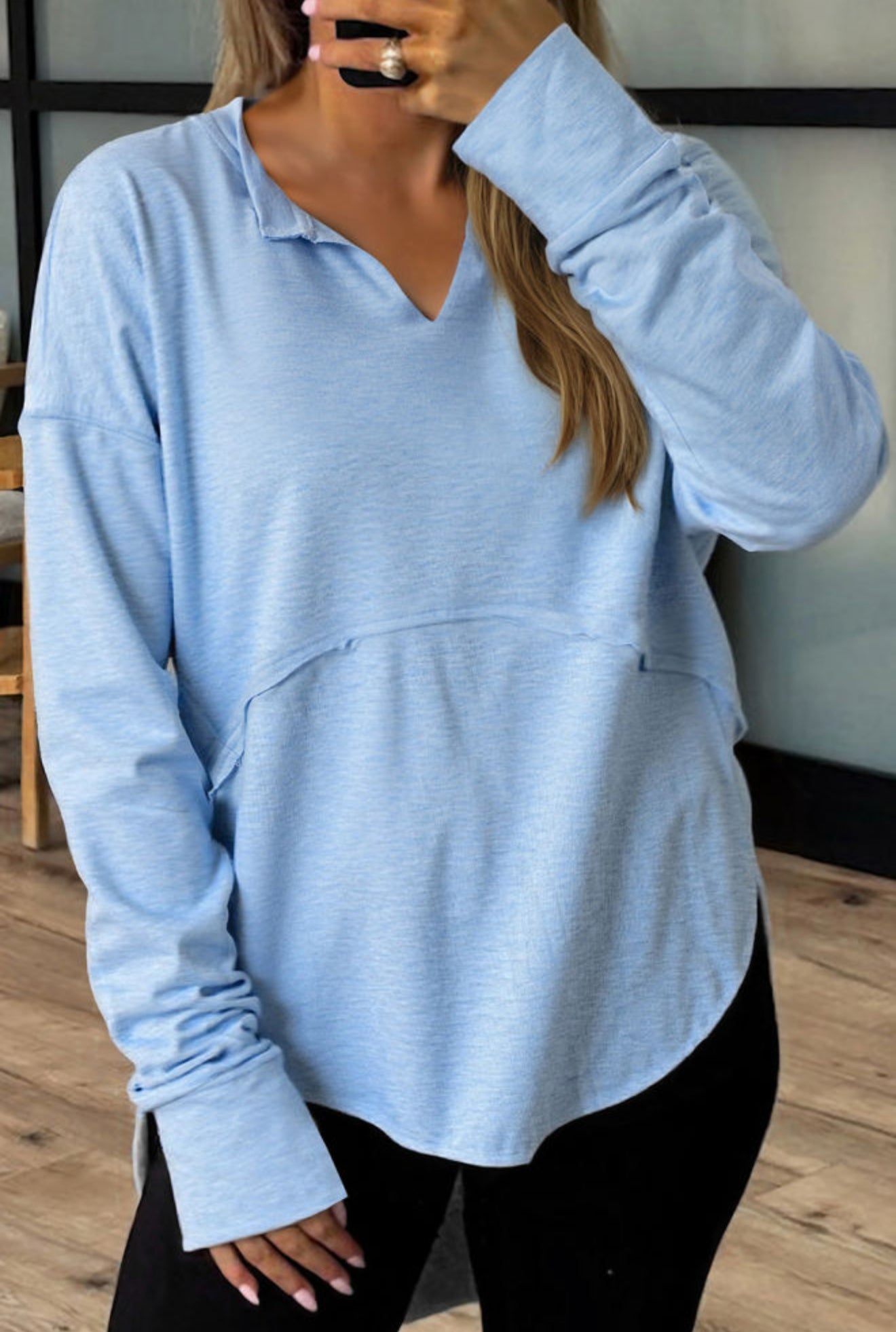Myosotis Notched Neck Raw Hem Lightweight Long Sleeve