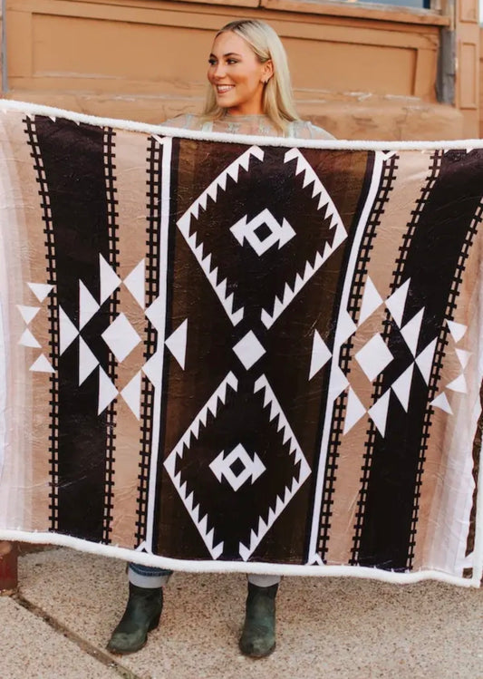 Lucky and Blessed Brown Ivory Aztec Printed Ivory Sherpa Blanket