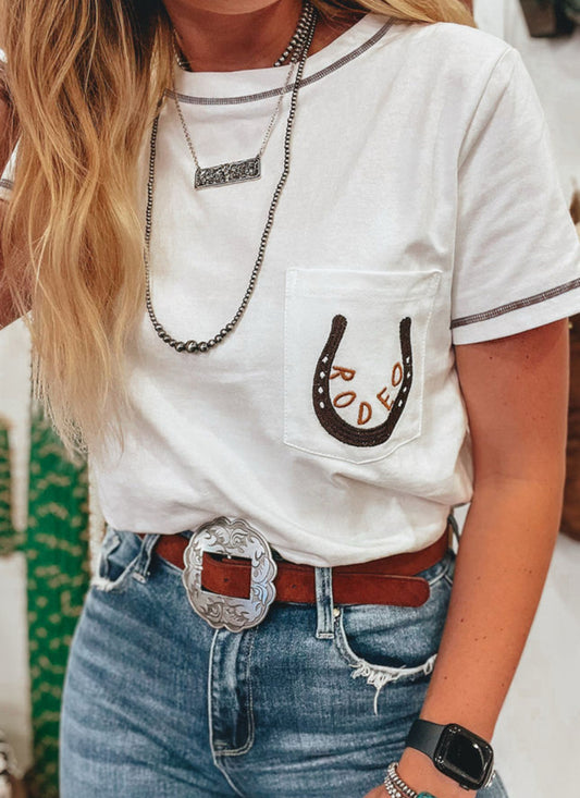 White Rodeo Horseshoe Embroidered Tee