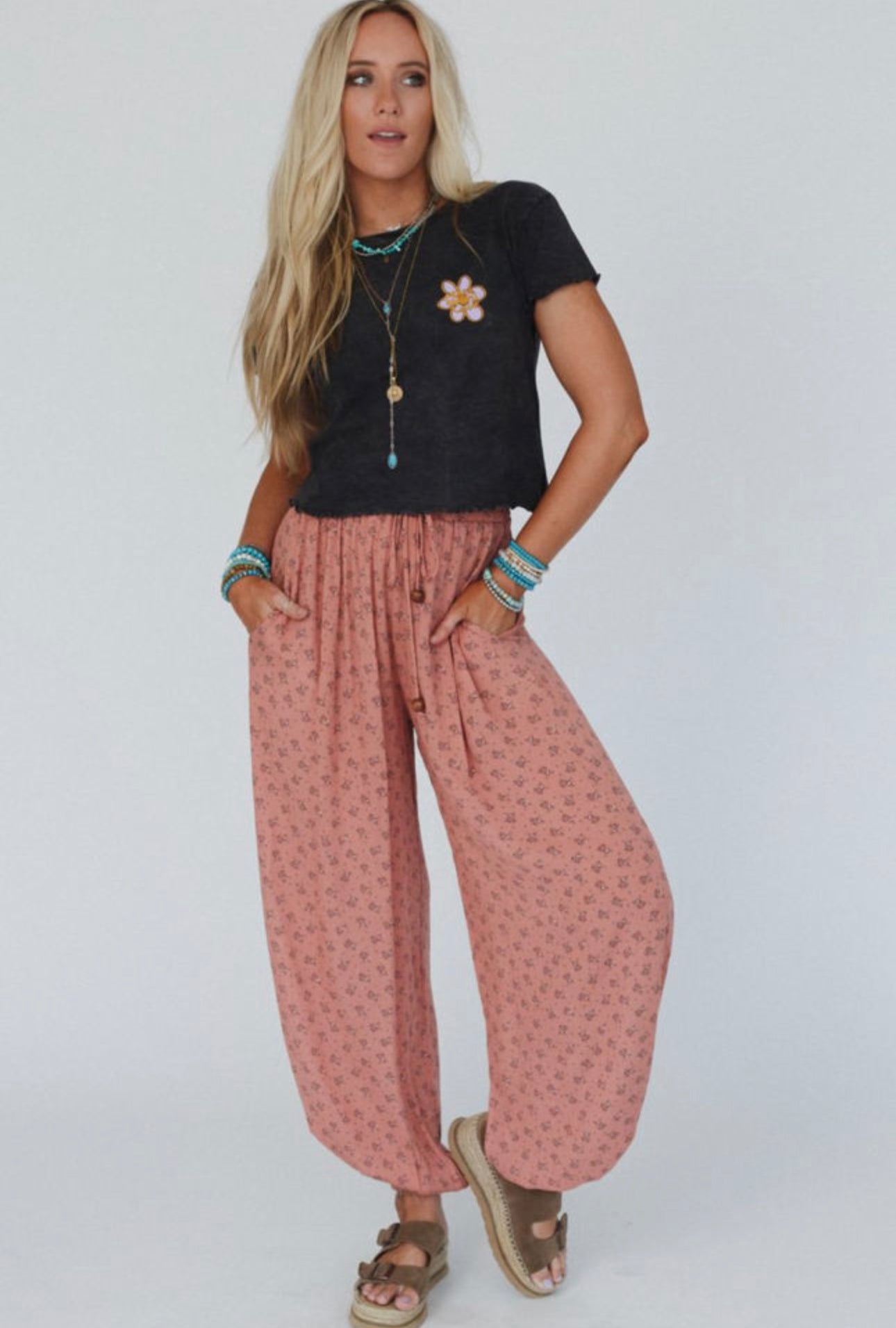 Pink Boho Floral Printed Wide Leg
Jogger Pants