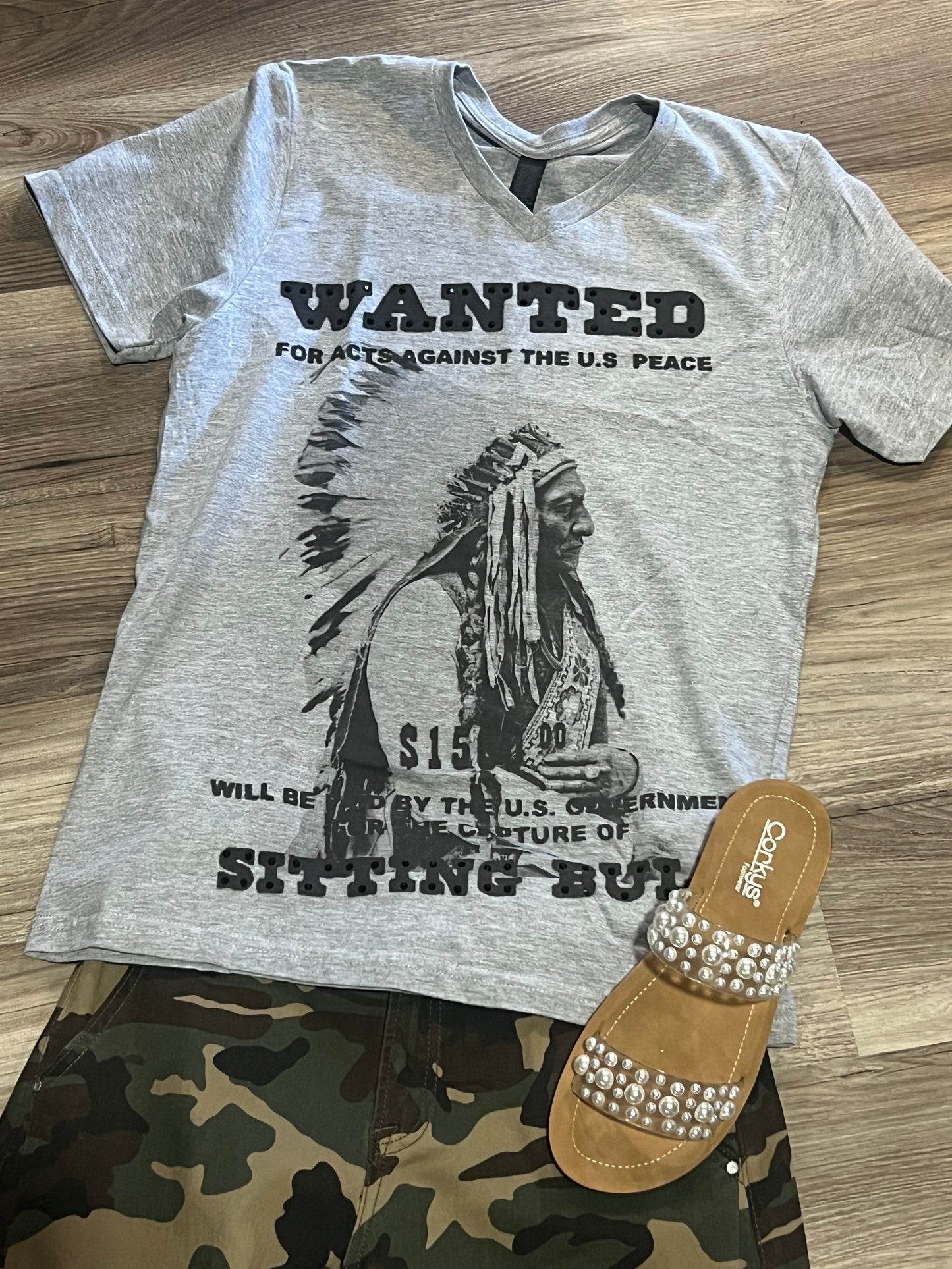 Chief Sitting Bull WANTED T-Shirt Rhinestone Embellished V-Neck
