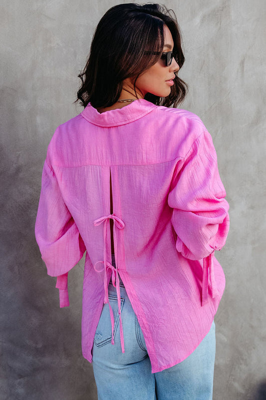 Pink Split Back Tie Knot Buttoned Long Sleeve Shirt