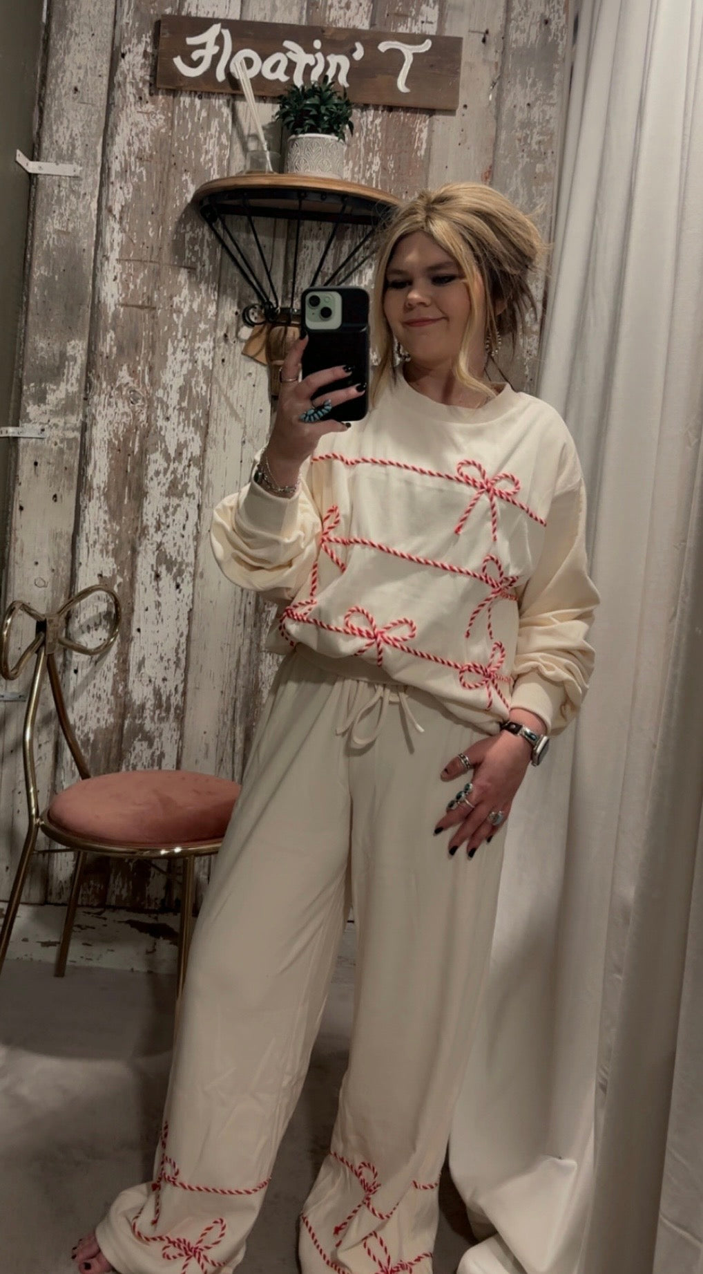 Cream- Twist Bow Cord with Waist Tie Detail Soft Sweatpants