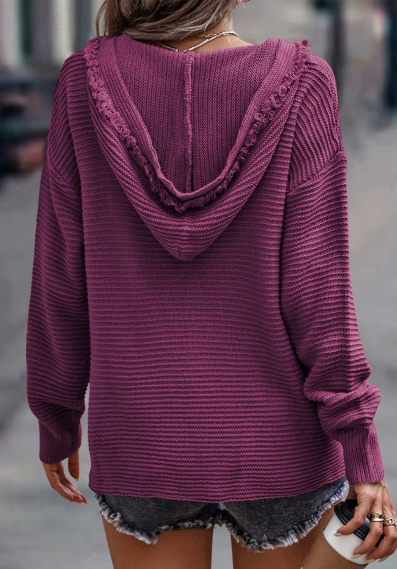 V Neck Ribbed Drop Shoulder Hooded Sweater