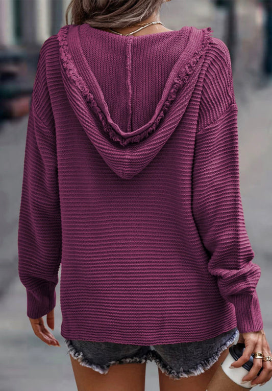V Neck Ribbed Drop Shoulder Hooded Sweater
