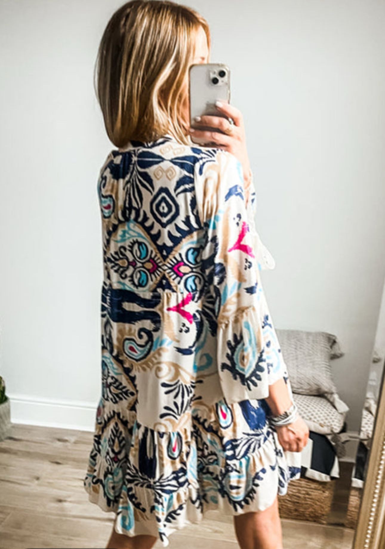 Printed Tribal Bracelet Sleeve Buttoned Mini Dress