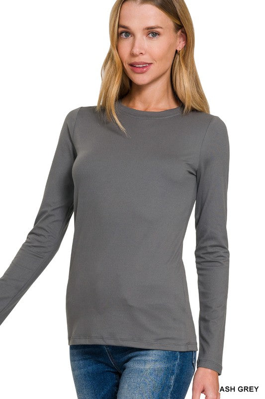 BRUSHED MICROFIBER LONG SLEEVE ROUND NECK TEE