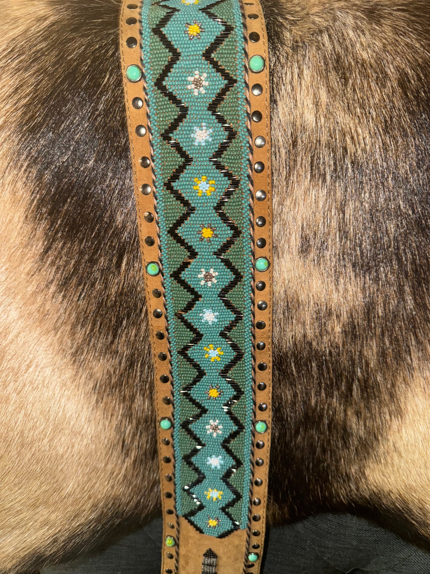 Tasha Polizzi Leather Hand Beaded Feather Turquose  Belt w/ Brads and Turquoise