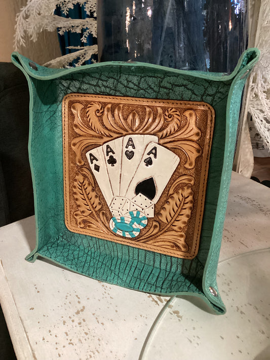 Poker Card Tooled Leather Tray