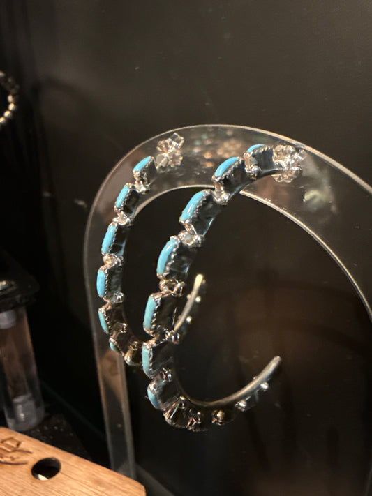 Zuni Needlepoint Handmade Turquoise Sterling Silver Hoop  Earrings 2”