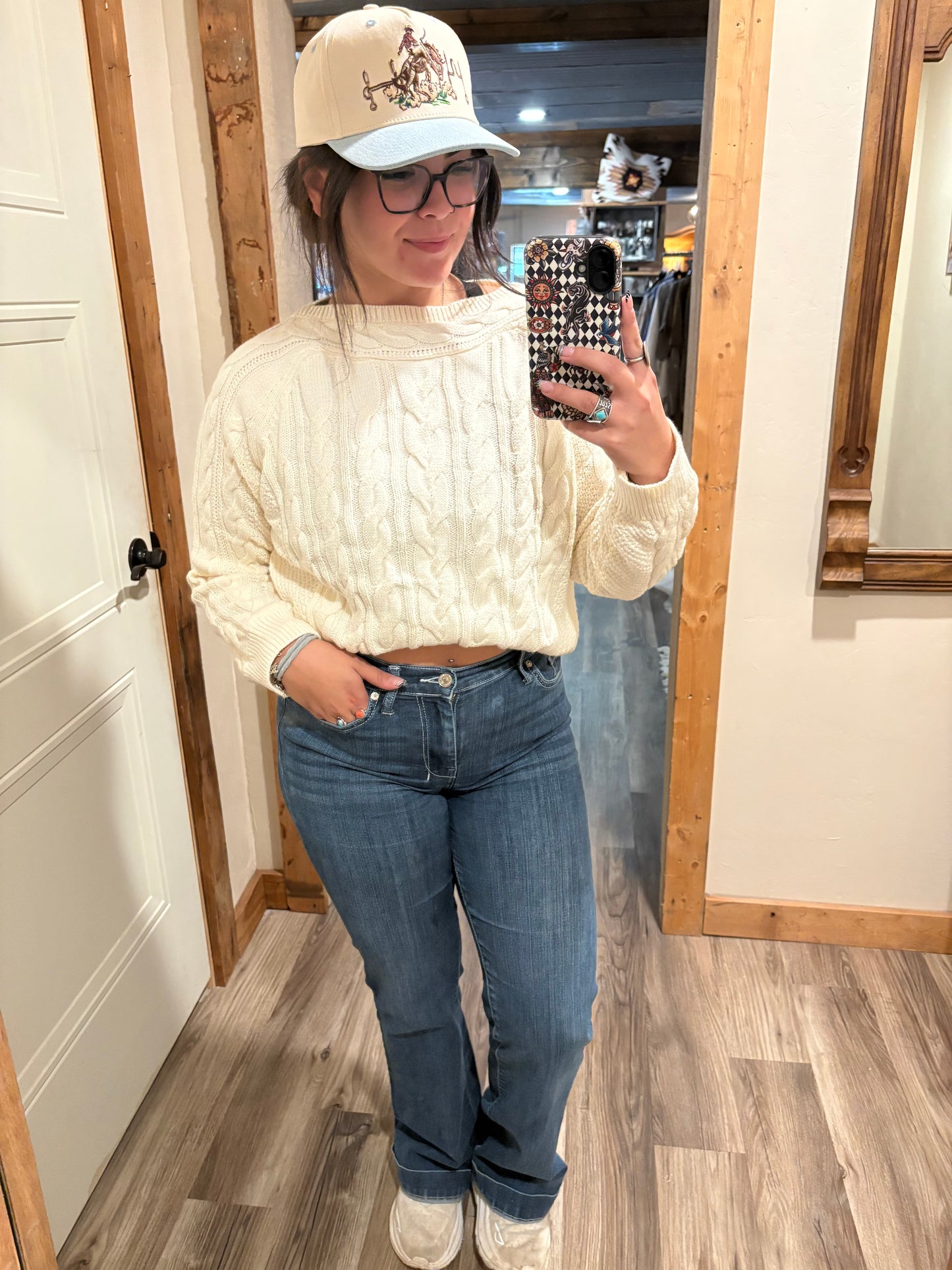 Beige Drop Shoulder Round Neck Cable Knit Sweater