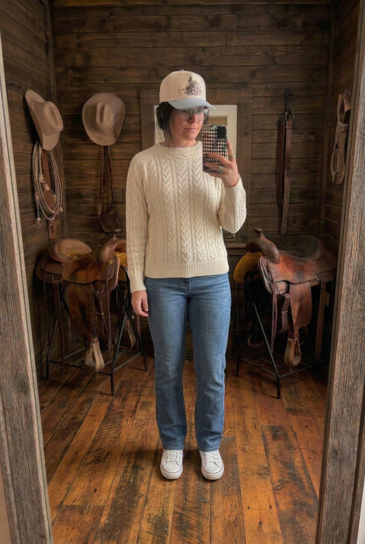 Beige Drop Shoulder Round Neck Cable Knit Sweater