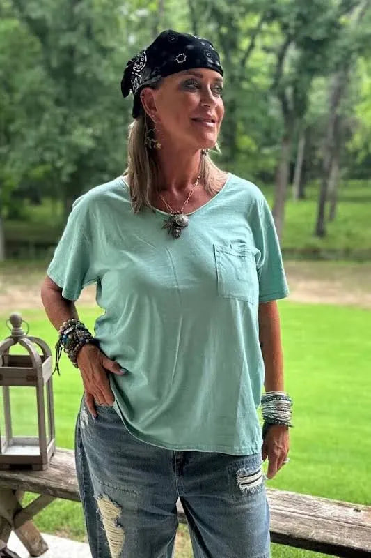 Moondance V-Neck Pocket Raw-edge Tee by Jaded Gypsy