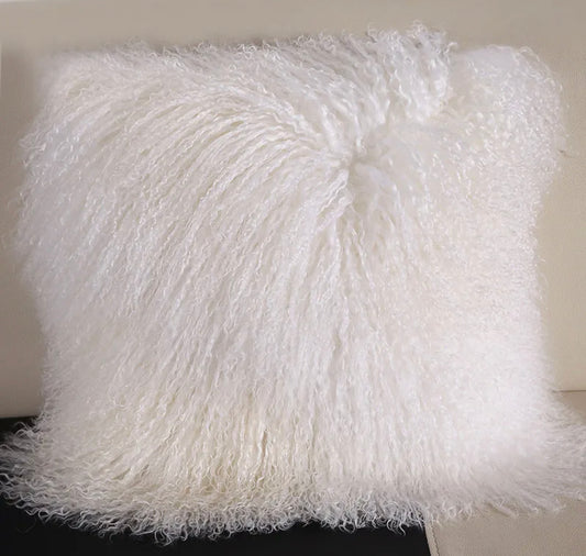 100% White Real Mongolian Lamb Wool Pillow Cover with Filller