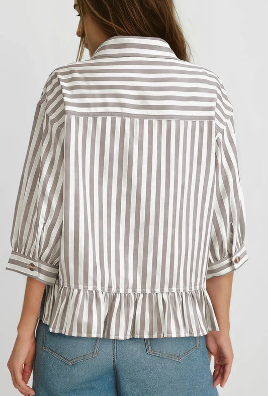 Striped Button Down Ruffle Hem 3/4 Sleeve Blouse