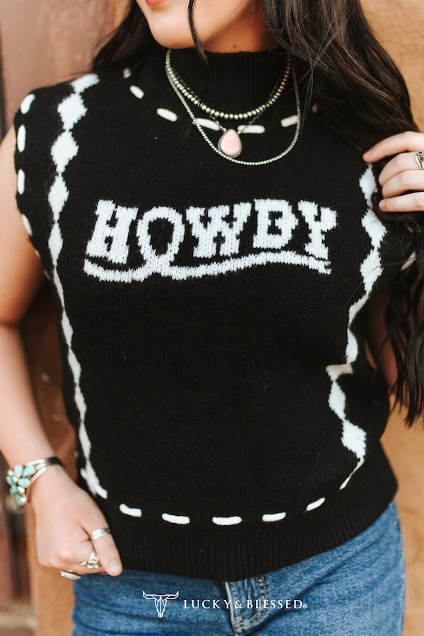 BLACK IVORY KNIT HOWDY STITCHED SLEEVELESS SWEATER VEST